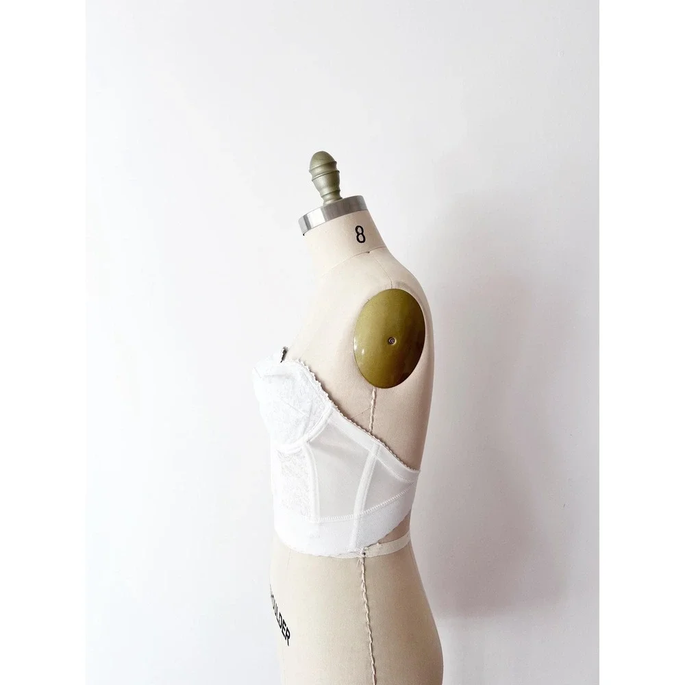 SIZE XS / S 36A Vintage Longline Corset Bustier White Lace Strapless‎ 1970s